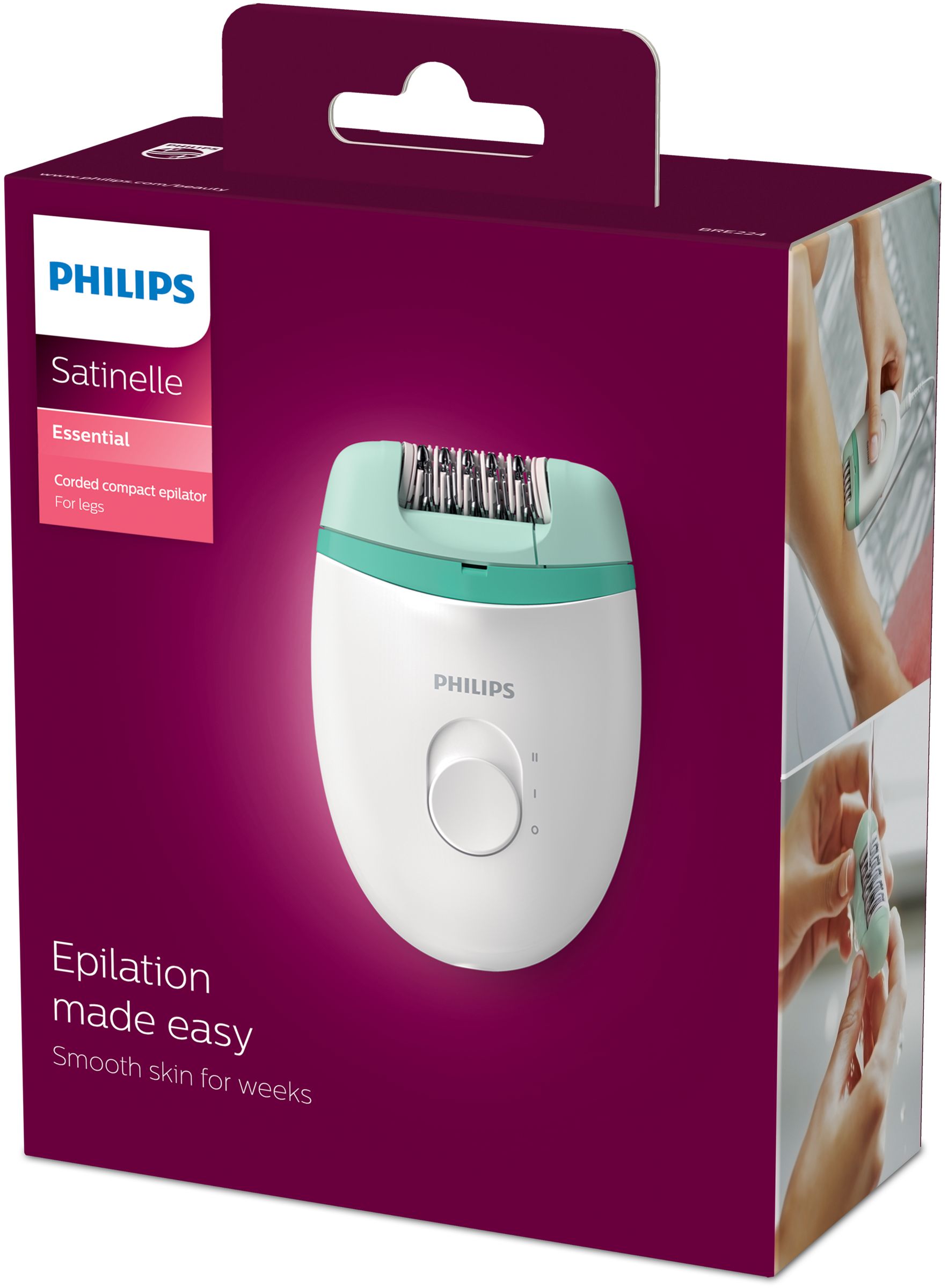 Philips Satinelle Essential Epilatore compatto con cavo bianco e verde BRE224/00