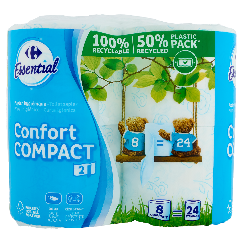 Carrefour Essential Carta igienica Confort Compact 2 Veli 8 pz