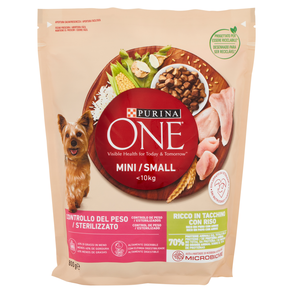 PURINA ONE Mini/Small Controllo del Peso/Sterilizzato Ricco in Tacchino con Riso 800 g