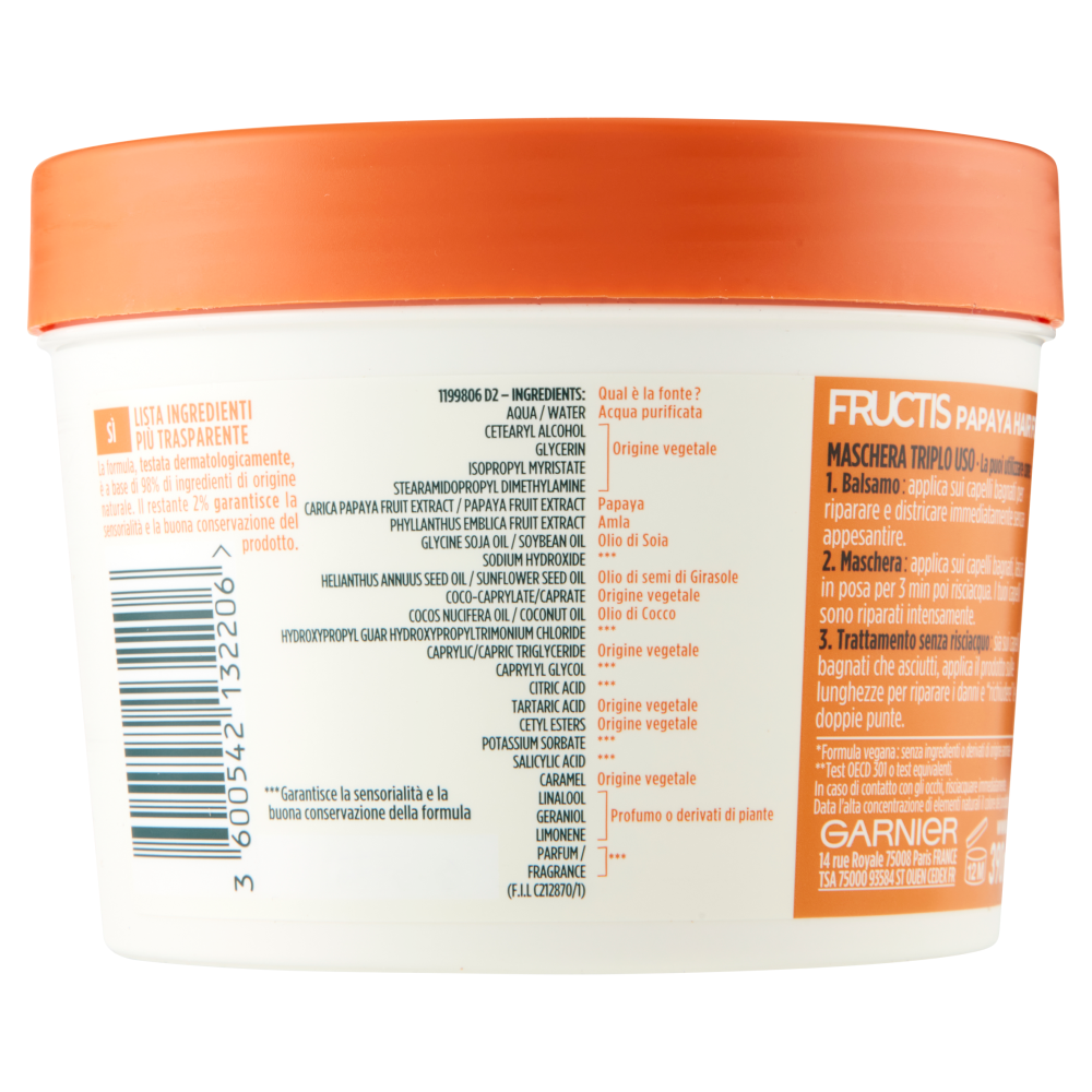 Garnier Maschera Riparatrice Fructis Hair Food, 3in1 Capelli Danneggiati, Papaya