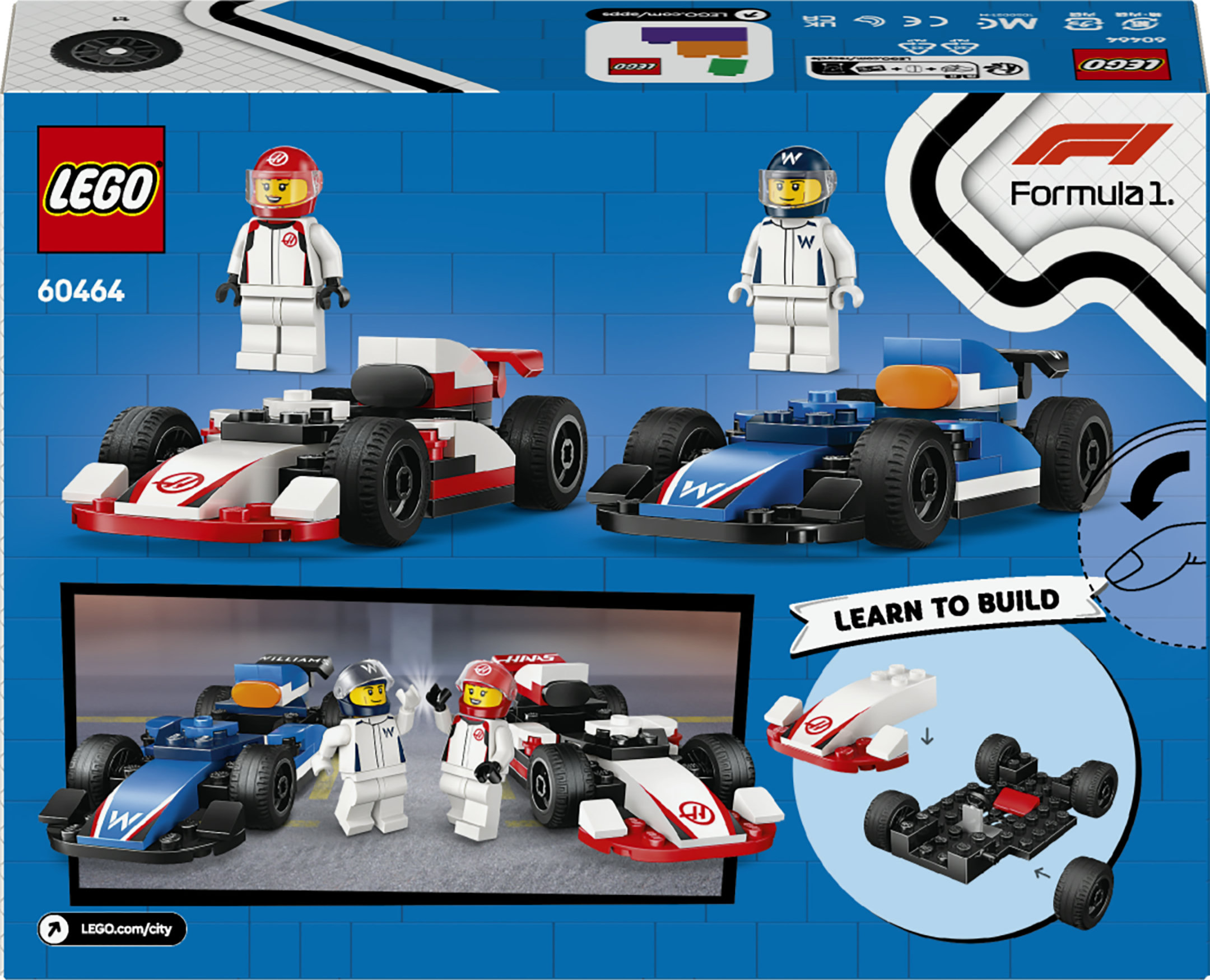 LEGO City 60464 Williams Racing e Haas F1, 2 Modelli di Auto con 2 Minifigure, Regalo Bambini4+ Fan delle Macchine Giocattolo
