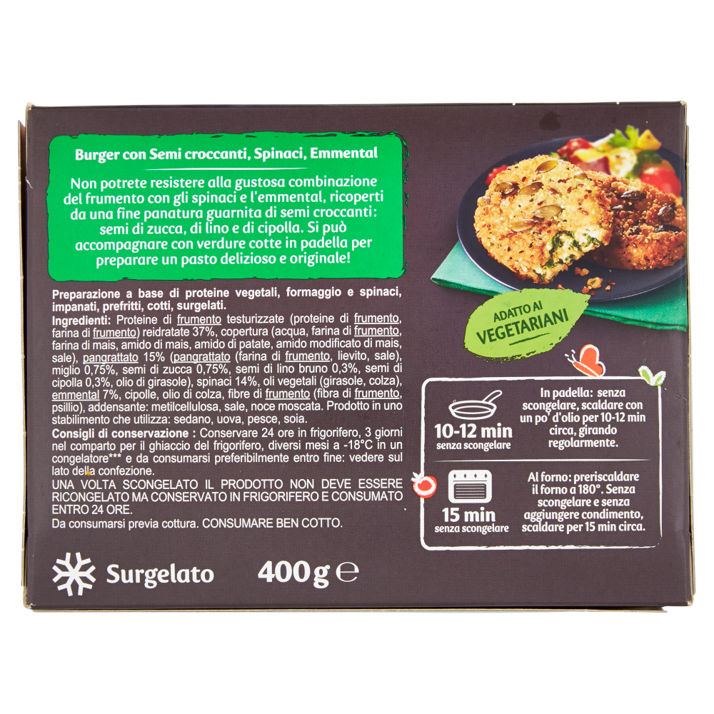 Carrefour Veg Burger con Semi Croccanti Spinaci, Emmental Surgelato 400 g