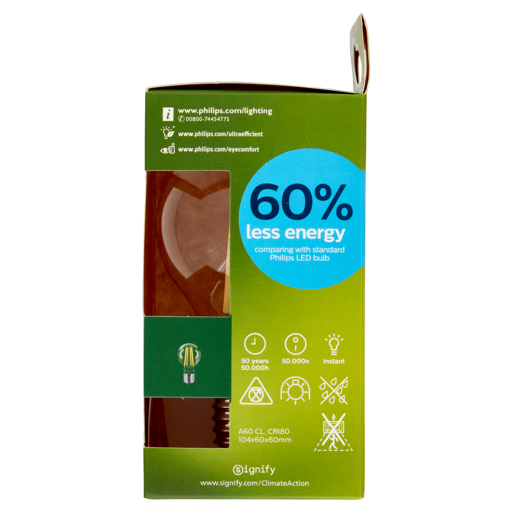Philips Led Goccia Vetro Filamento 60W E27 4000K 