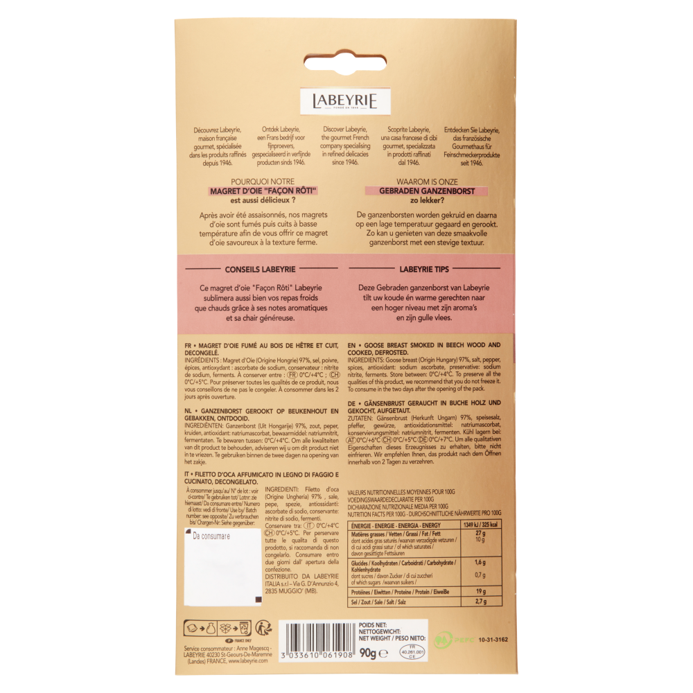 Labeyrie le Magret Fa&ccedil;on R&ocirc;ti Magret d'Oie, Petto d'Oca Cotto ed Affumicato 90 g