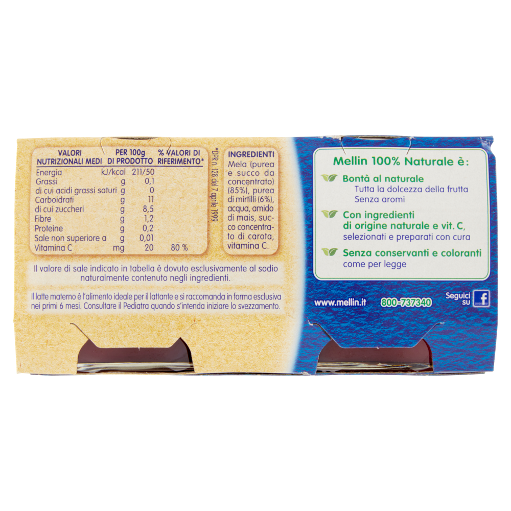 Mellin Mela Mirtilli 100% Naturale Omogeneizzato 2 x 100 g