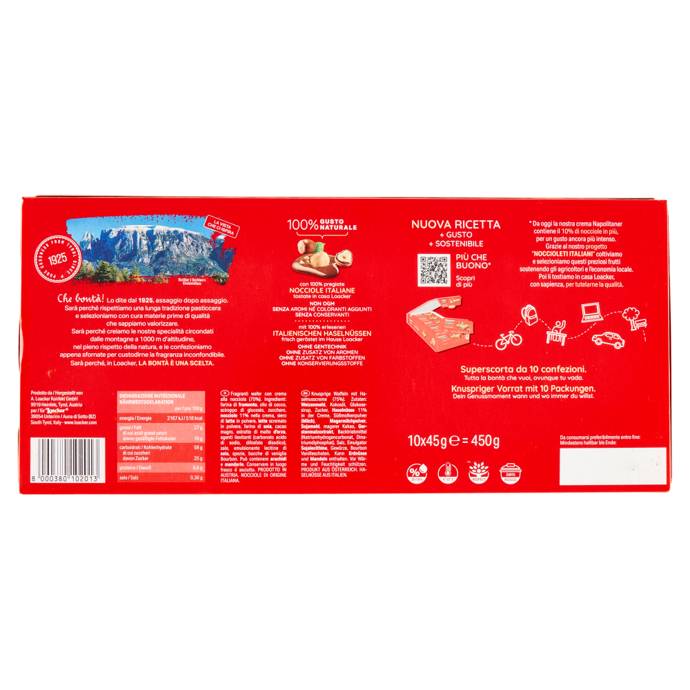 Loacker Wafer Classic Napolitaner con crema alle nocciole 100% italiane tostate wafers 45gx10