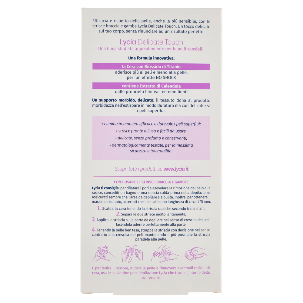 Lycia delicate touch strisce depilatorie Braccia & Gambe Pelli Sensibili 20 strisce + 2 salviettine