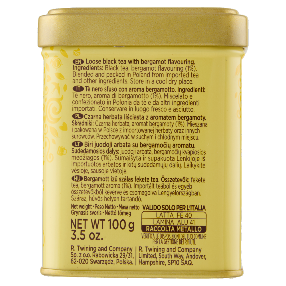 Twinings Earl Grey Tè Nero classico al sapore di Bergamotto Sfuso in latta The 100 g