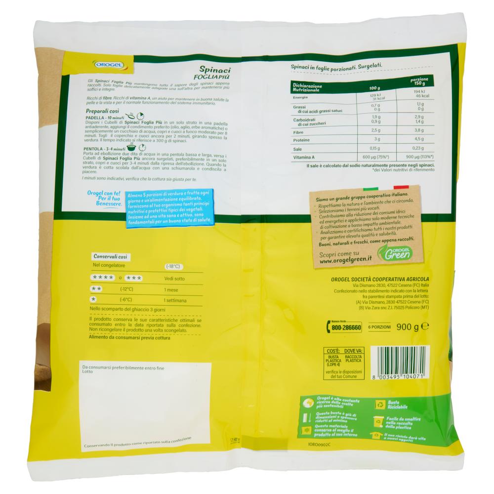 Orogel Cubello Spinaci Foglia Più Surgelati 900 g