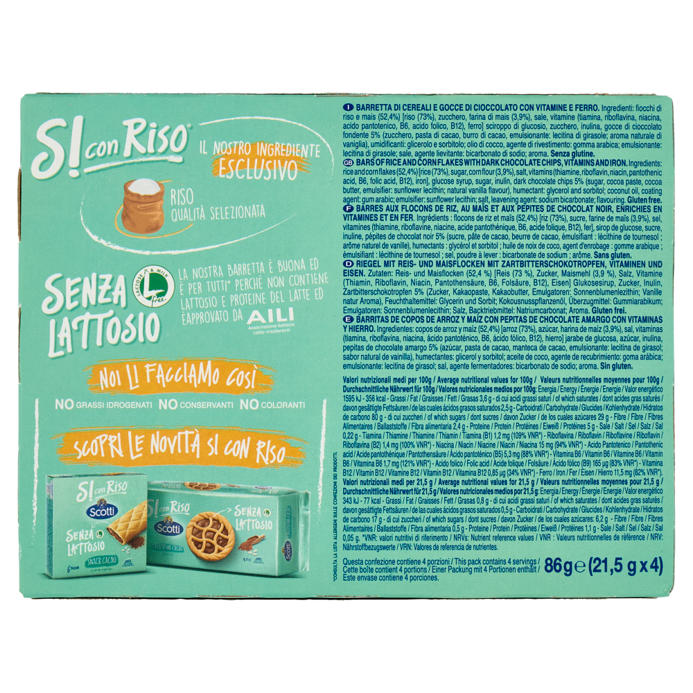 Riso Scotti Si con Riso Senza Lattosio Barretta con riso e gocce di cioccolato 4 x 21,5 g