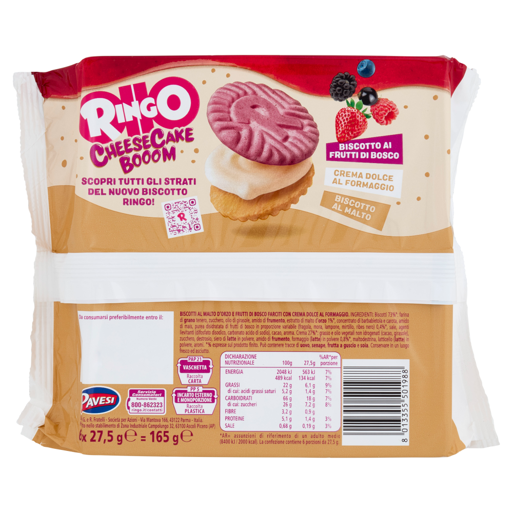 Ringo Cheesecake Biscotto Gusto Cheesecake ai Frutti di Bosco Limited Edition Snack 6 Porzioni 165g