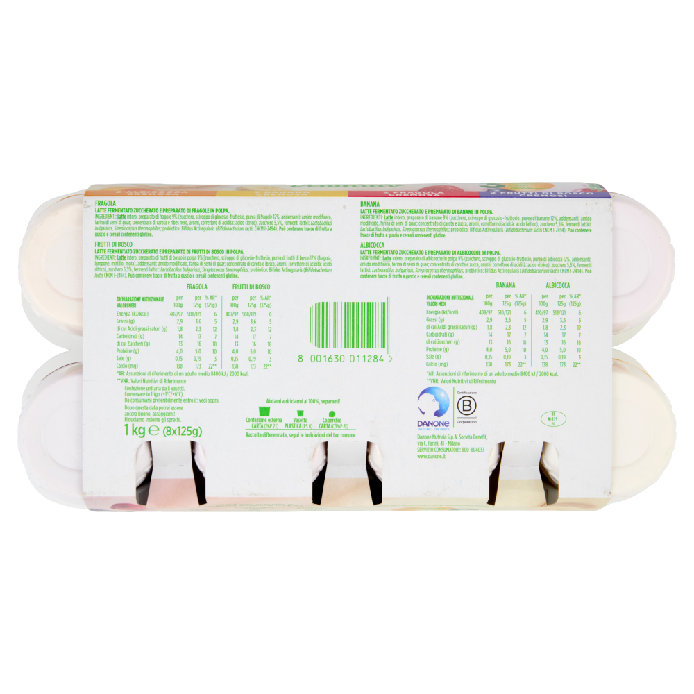 ACTIVIA Yogurt con Probiotico Bifidus, vellutato Albicocca/Banana/Fragola/Frutti di Bosco, 8x125g