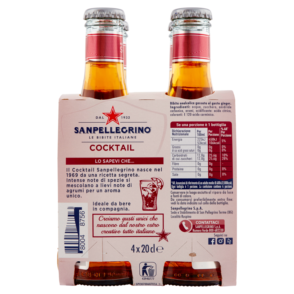 SANPELLEGRINO Bibite Gassate, COCKTAIL 20 cl x 4 (Vetro)