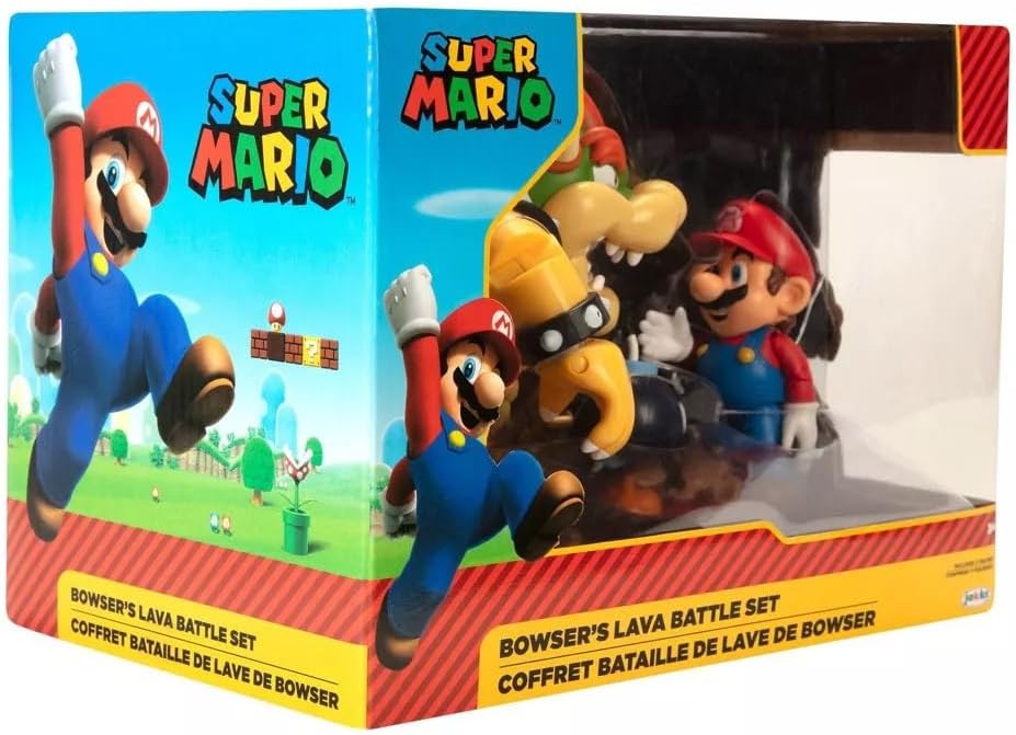 Super Mario Playset Nintendo Mario vs. Bowser: Battaglia nella Lava 7" / 18 cm, con licenza ufficiale , action figure articolate di Bowser, Mario e Bob-Omb. Perfetto per bambini dai 3 anni in su.