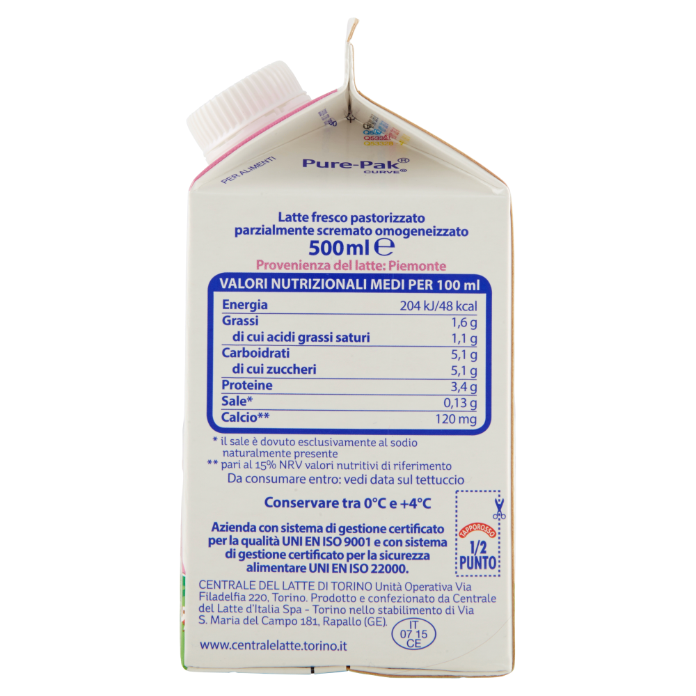 Centrale del Latte di Torino Tapporosso Latte Fresco Pastorizzato Parzialmente Scremato 500 ml