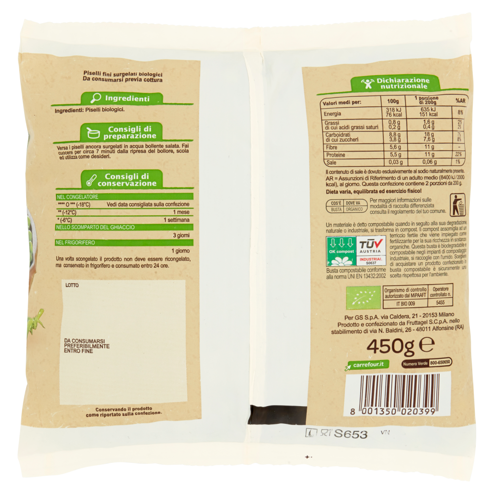 Carrefour Bio Piselli fini surgelati 450 g