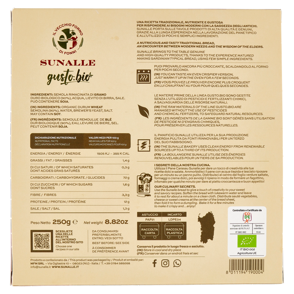 Il Vecchio Forno di Fonni - Sunalle gusto.bio Pane Carasau Biologico 250 g