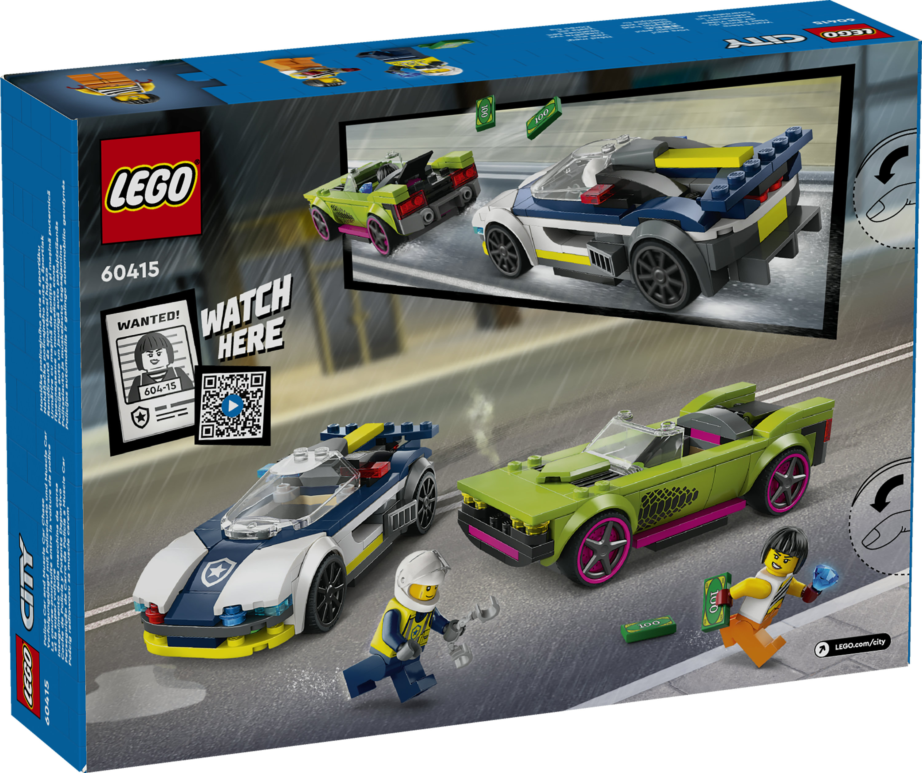 LEGO City 60415 Inseguimento della Macchina da Corsa, 2 Modellini di Auto della Polizia, Giocattolo per Bambini di 6+ Anni