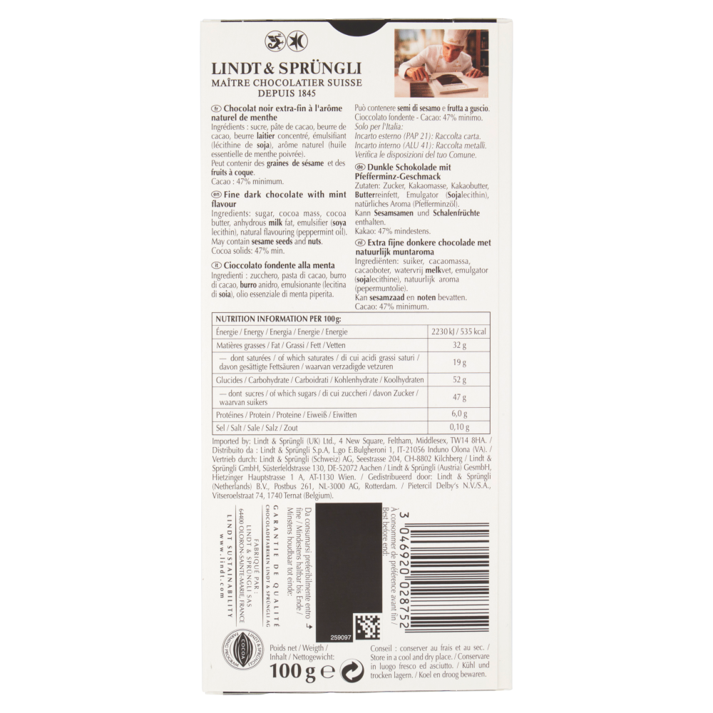 Lindt Excellence Tavoletta Cioccolato Fondente Menta 100 g