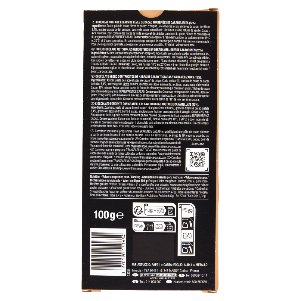 Carrefour Selection Éclats de Fèves de Cacao Noir 100 g