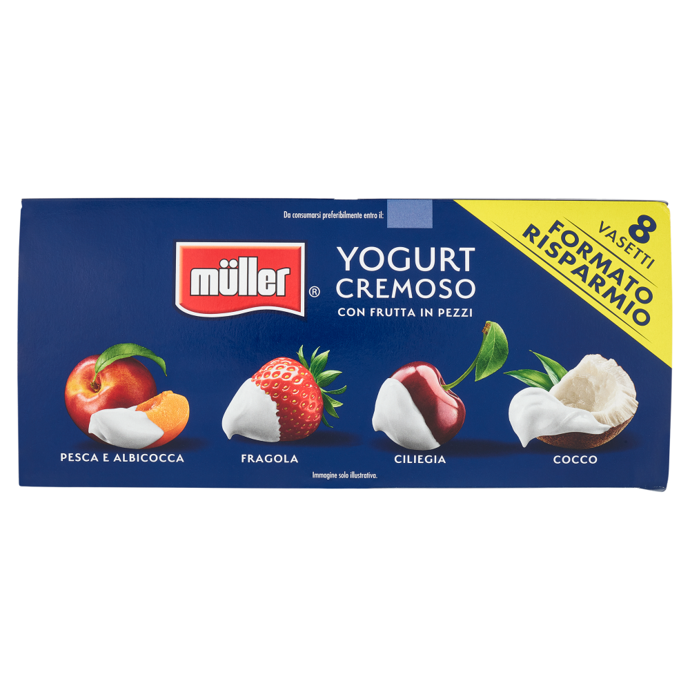 müller Yogurt Cremoso con Frutta in Pezzi Pesca e Albicocca, Fragola, Ciliegia, Cocco 8 x 125 g