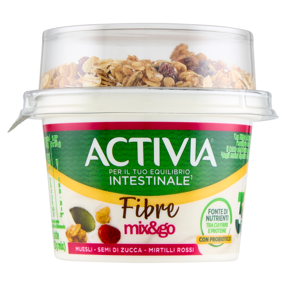 ACTIVIA Fibre Mix&Go con Probiotico Bifidus, Yogurt Bianco con Muesli,Semi Zucca,Mirtilli Rossi,170g