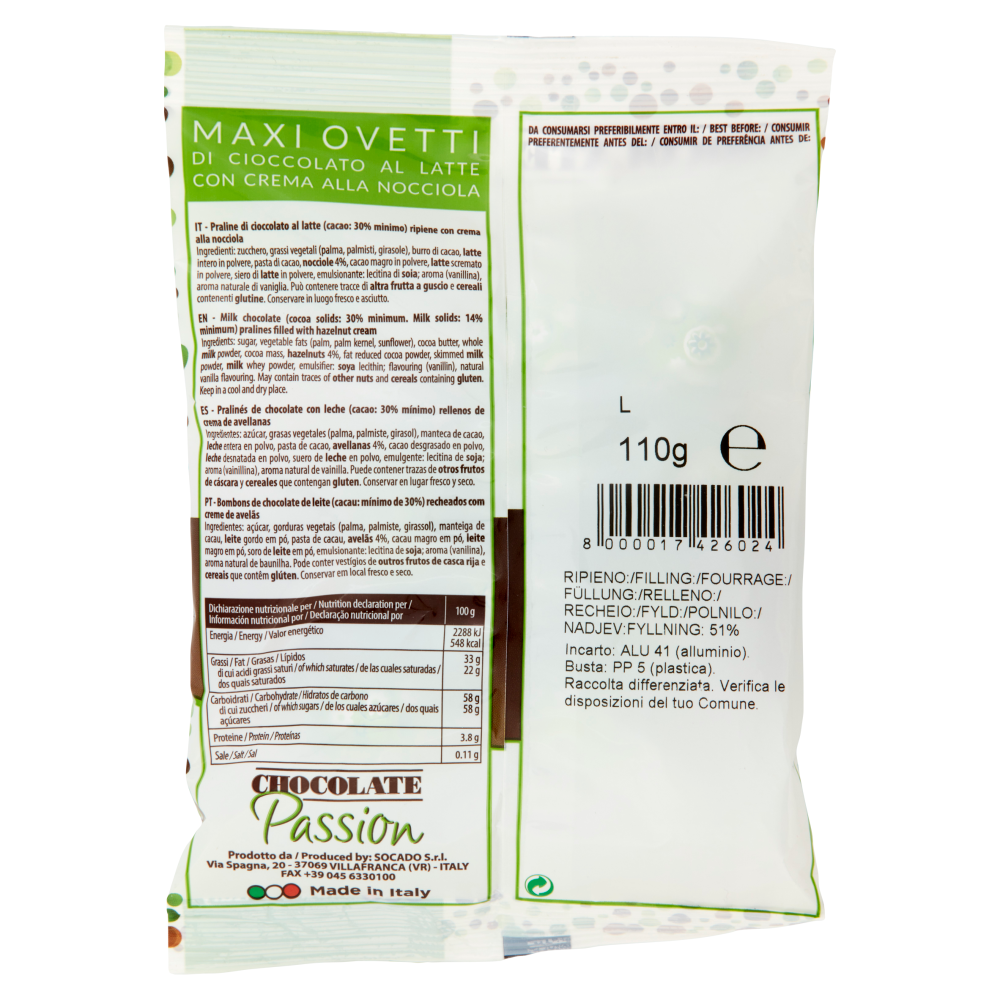 Chocolate Passion Maxi Ovetti di Cioccolato al Latte con Crema alla Nocciola 110 g