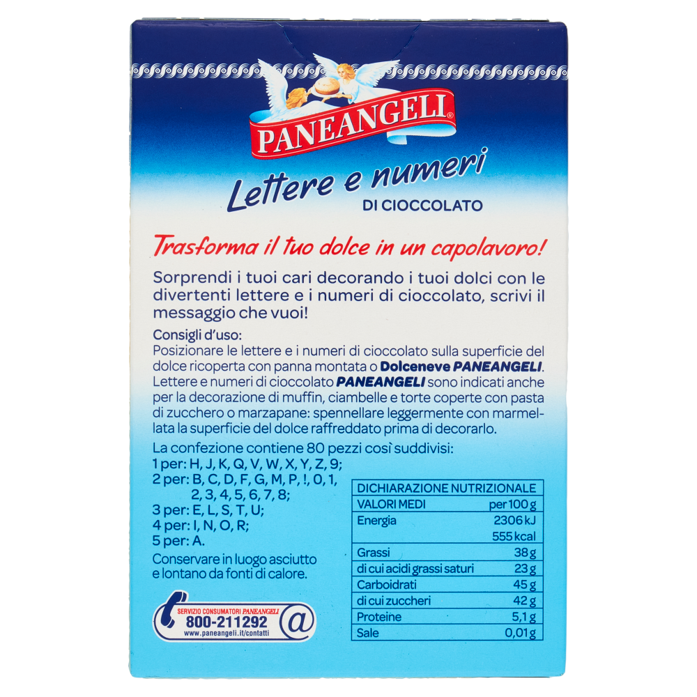 PANEANGELI decora con Lettere e numeri di Cioccolato 60 g