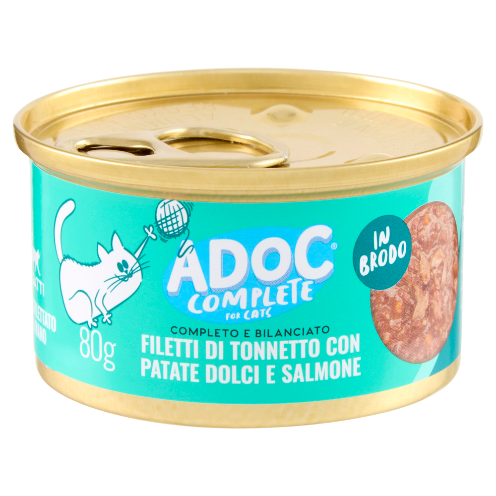 ADoC Complete For Cats Filetti di Tonnetto con Patate Dolci e Salmone in Brodo 80 g