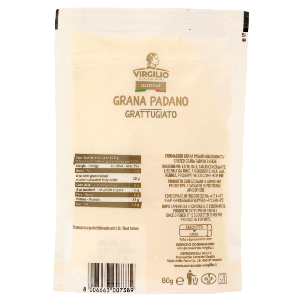 Virgilio Selezione Grana Padano DOP Grattugiato Oltre 16 Mesi 80 g