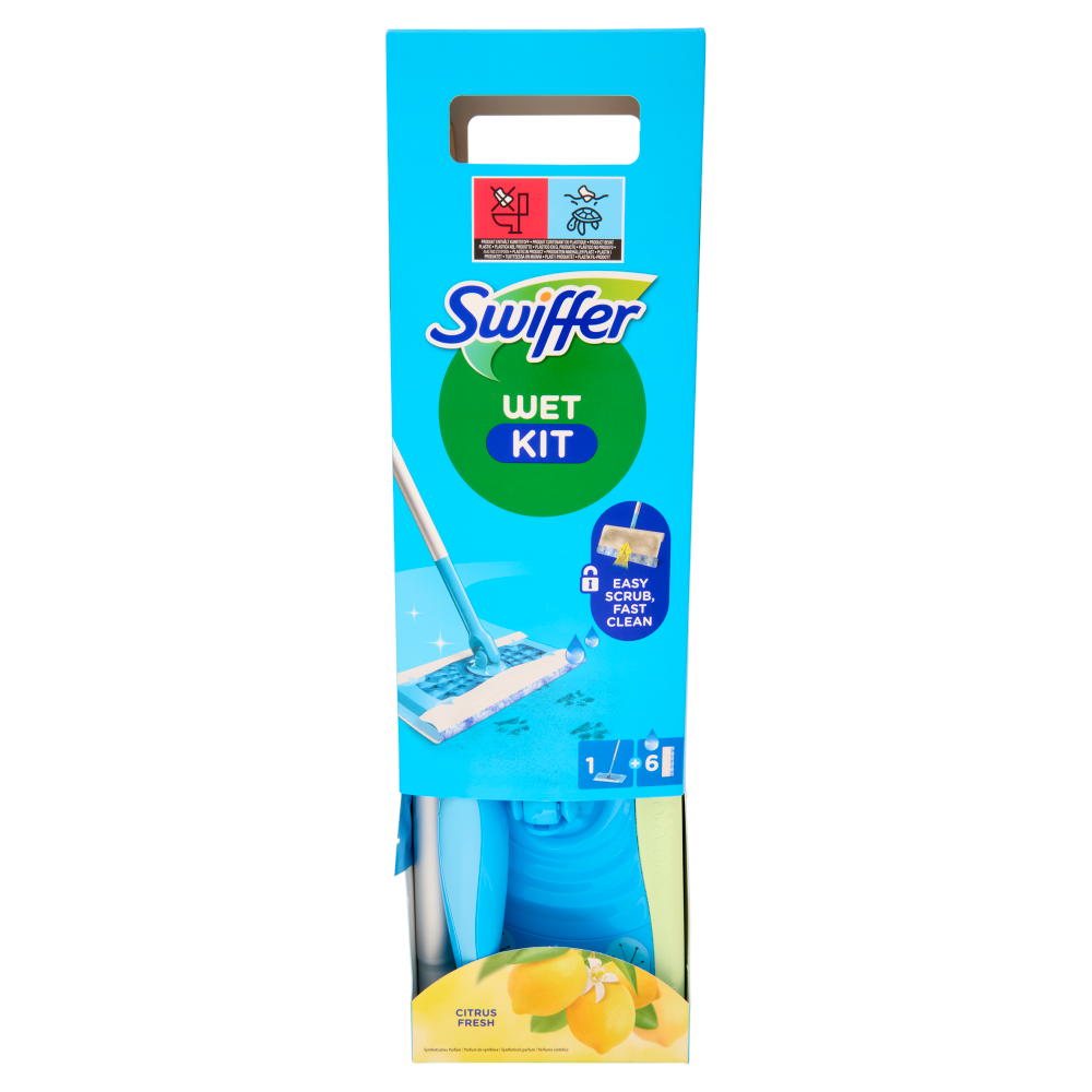 Swiffer Wet Kit Citrus Fresh (1 Scopa Lavapavimenti + 6 Panni Umidi per Pavimenti)