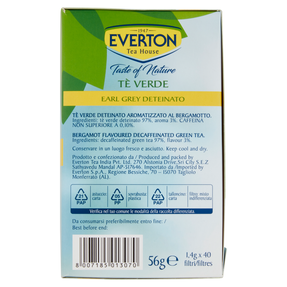 Everton Taste of Nature Tè Verde Earl Grey Deteinato 40 x 1,4 g
