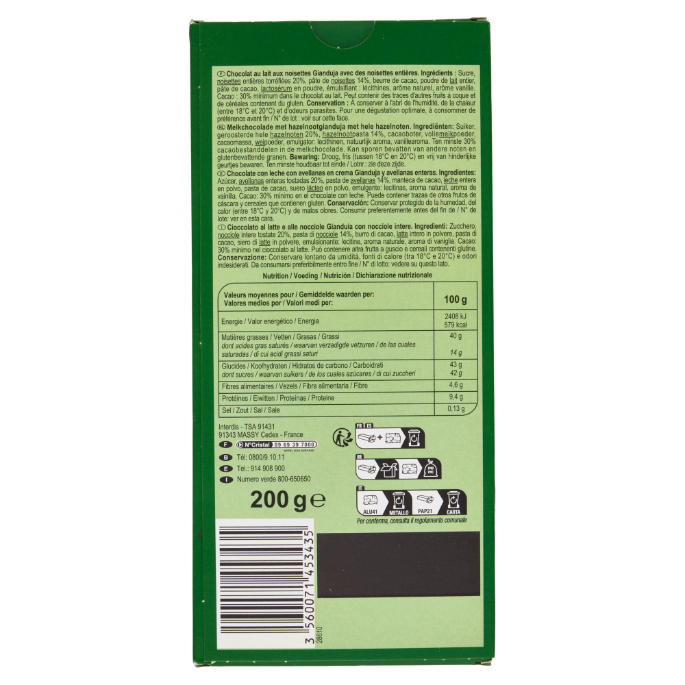 Carrefour Extra Lait Gianduja Noisette Entières 200 g