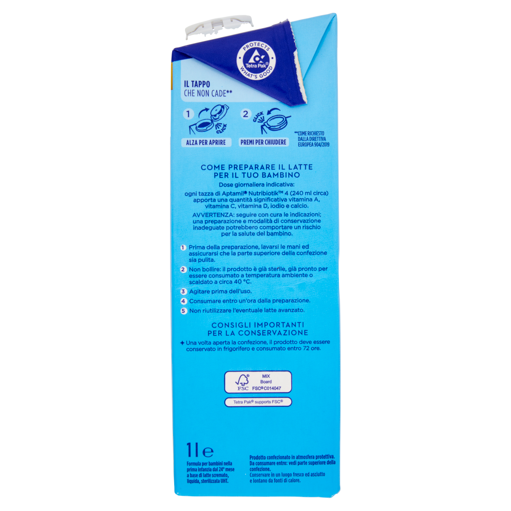 APTAMIL Nutribiotik 4 - Latte di Crescita Liquido, dal 24&deg; mese al 36&deg;, Fonte di Ferro e Fibre, 1L