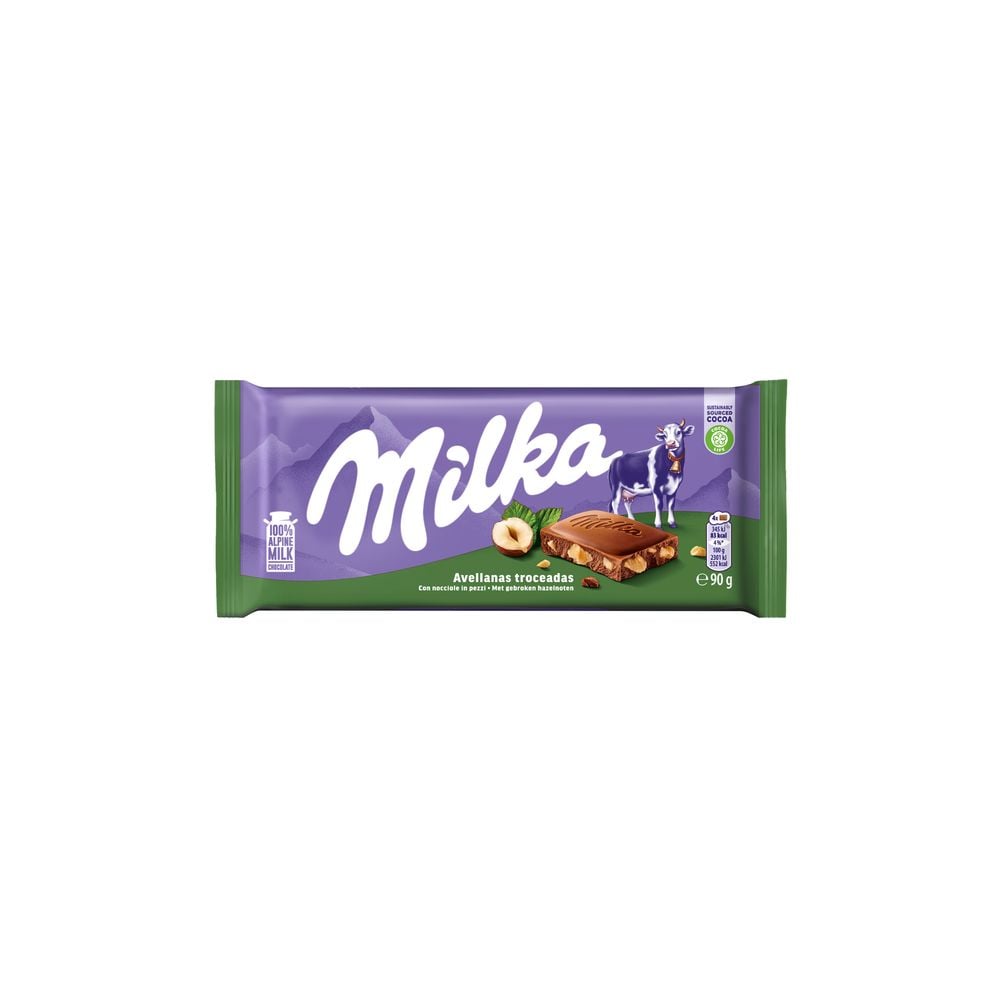 Milka Nocciola, Tavoletta di Cioccolato al Latte con Nocciole Spezzate, Latte 100% Alpino, Cacao Sostenibile Tavoletta 90 g