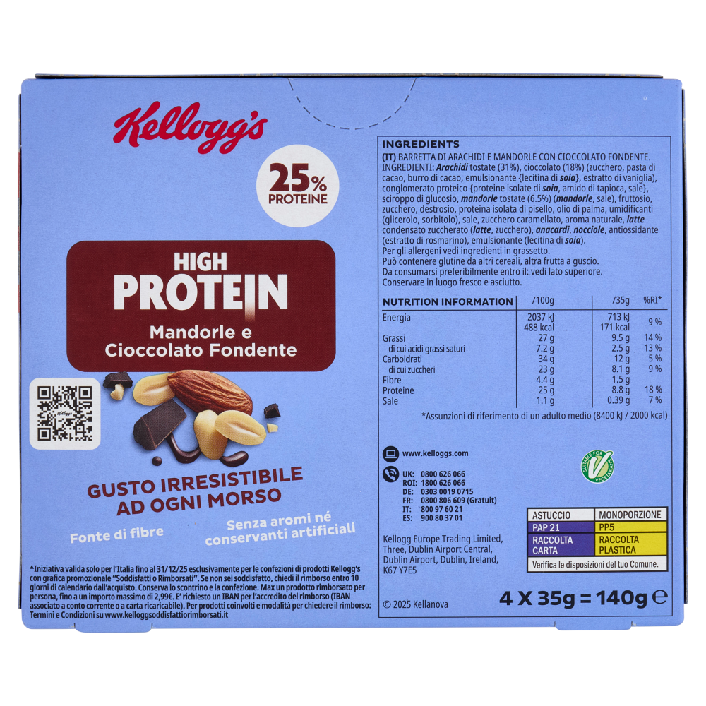 Kellogg's High Protein 25% Mandorle e Cioccolato Fondente 4 x 35 g