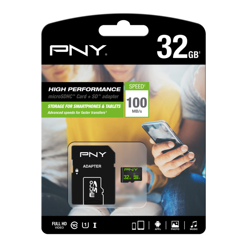 PNY Scheda MicroSDHC 32GB Classe 10 Performance | 50MB/s Con Adattatore SD