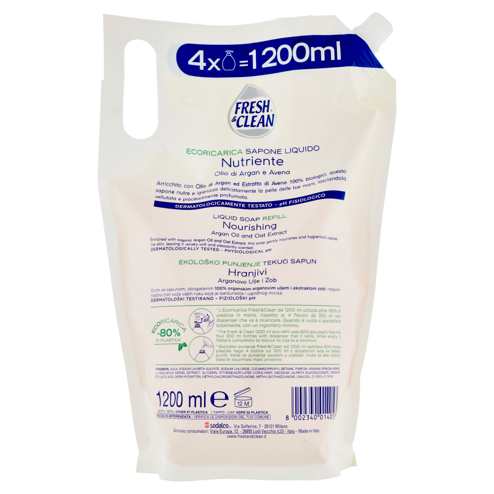 Fresh & Clean Sapone Liquido Nutriente Olio di Argan e Avena Ecoricarica 1200 ml