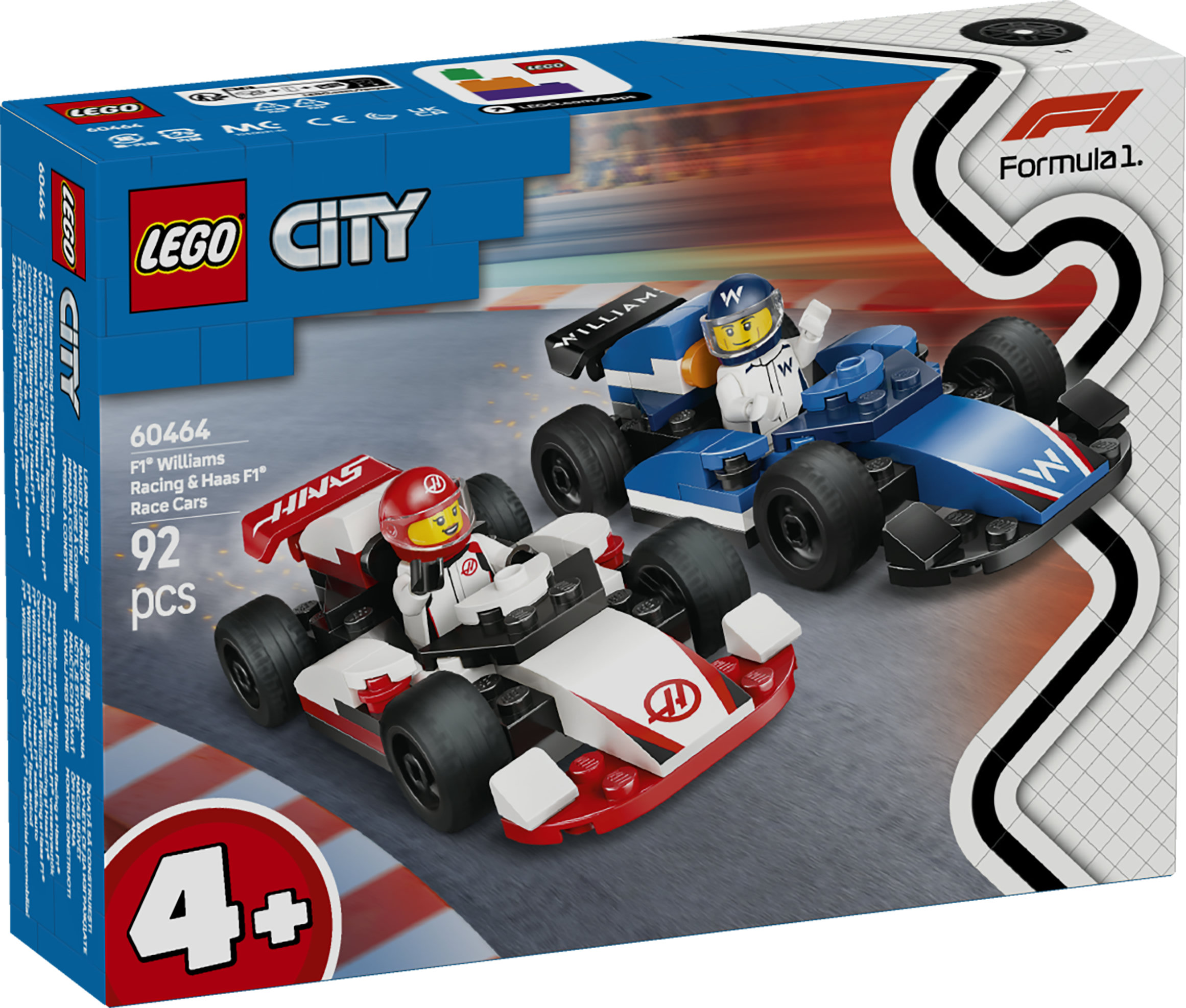 LEGO City 60464 Williams Racing e Haas F1, 2 Modelli di Auto con 2 Minifigure, Regalo Bambini4+ Fan delle Macchine Giocattolo
