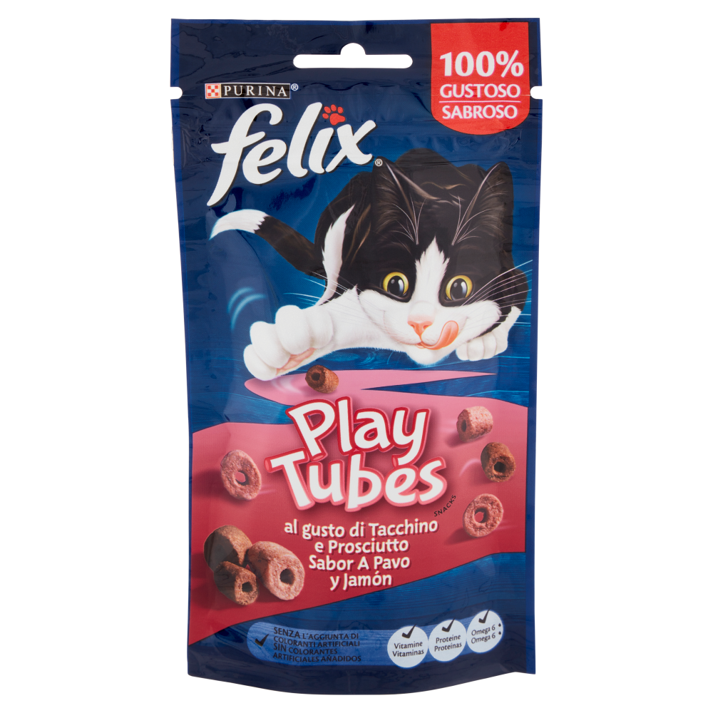 PURINA FELIX Playtubes Snack Gatto al Gusto di Tacchino e Prosciutto 50g