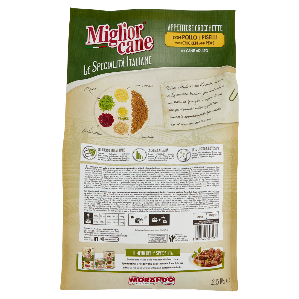 Migliorcane Le Specialit&agrave; Italiane Appetitose Crocchette con Pollo e Piselli per Cane Adulto 2,5 KG