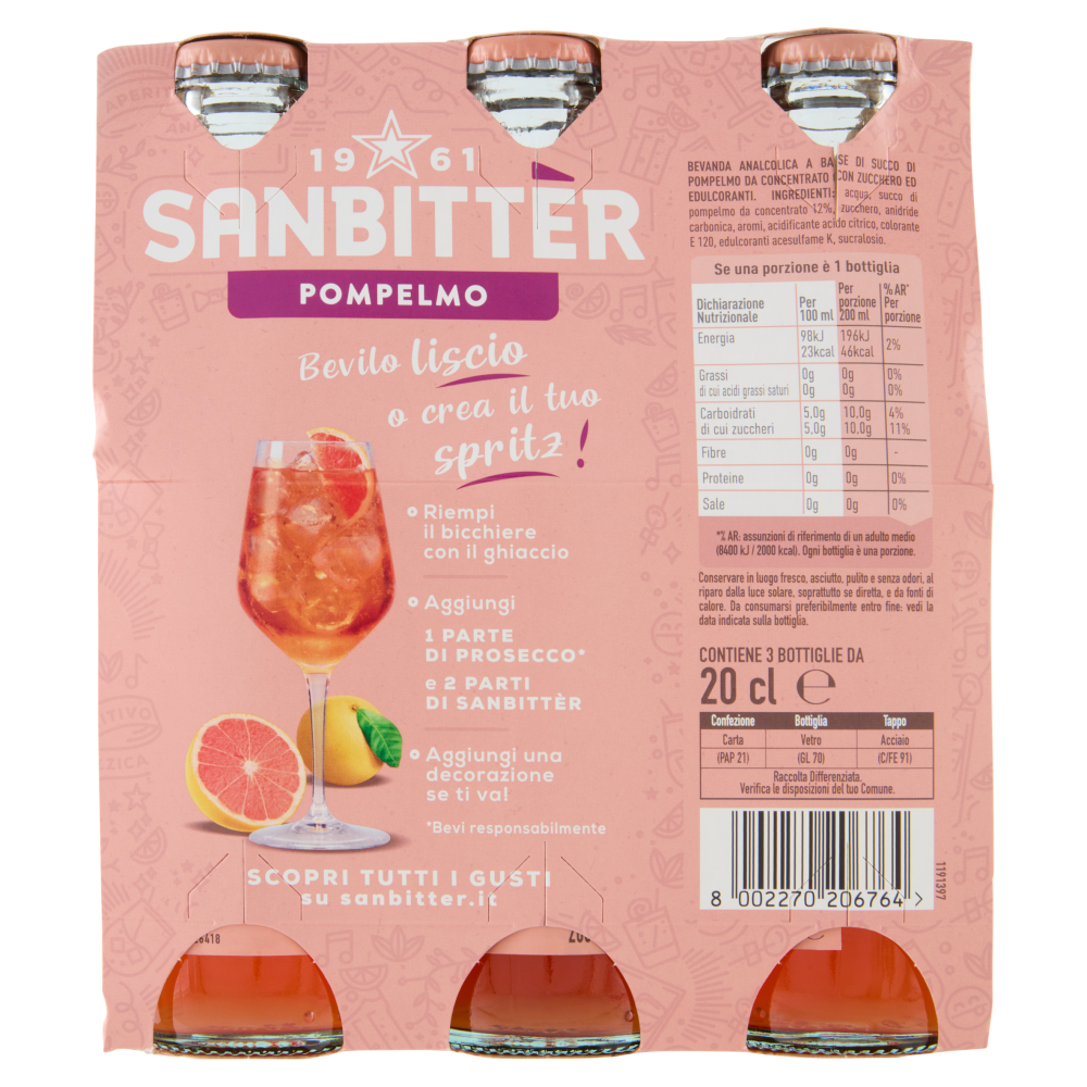 SANBITT&Egrave;R Pompelmo, Aperitivo Analcolico - 3 x 20cl