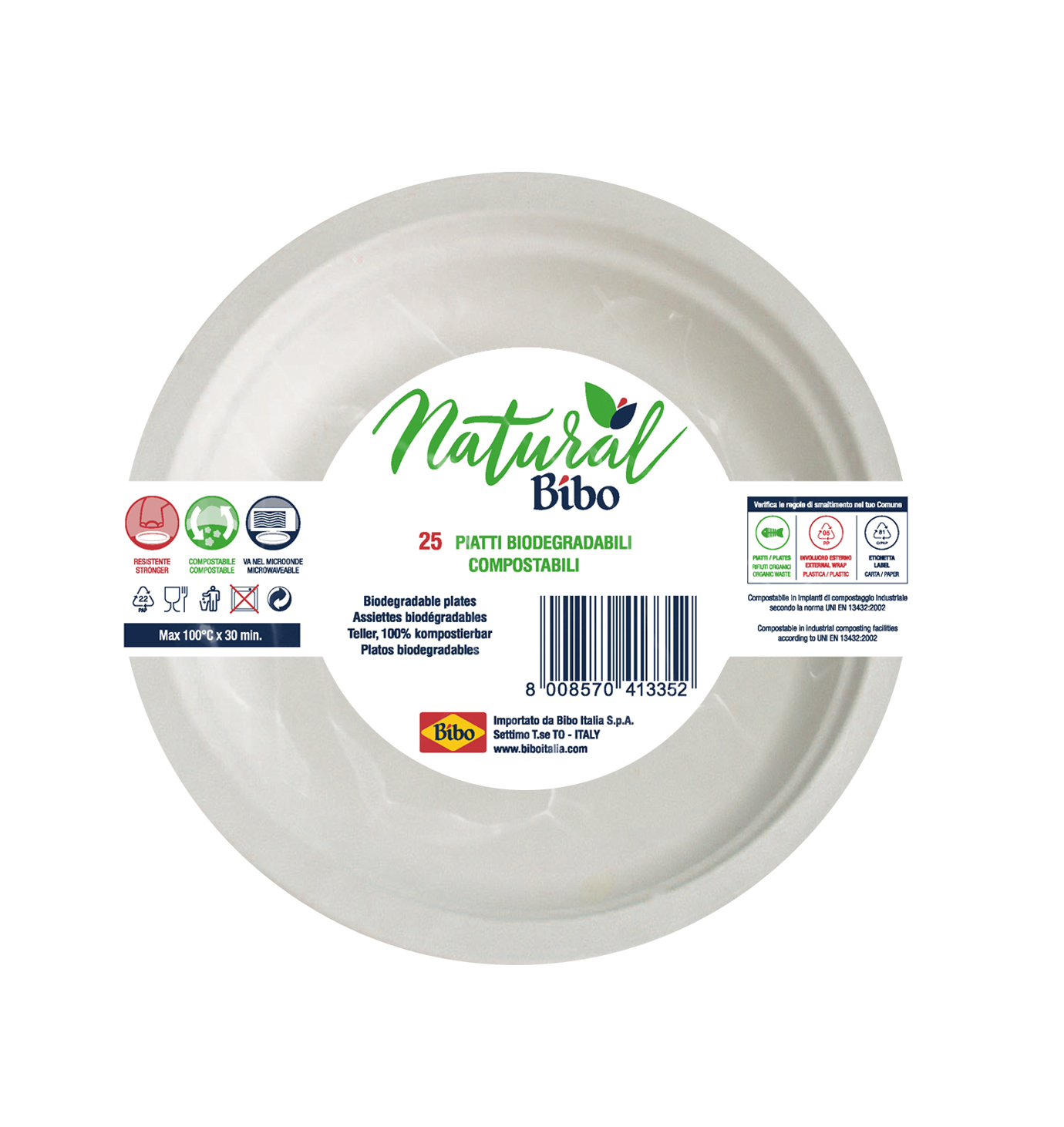 BIBO 25 Piatti In Polpa Di Cellulosa Da 17cm Biodegradabili E Compostabili