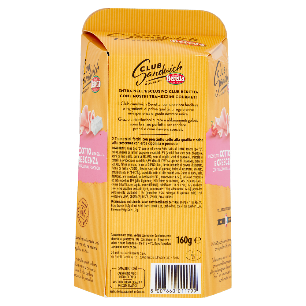 Fratelli Beretta Club Sandwich Gourmet Prosciutto Cotto Alta Qualità e Crescenza 160 g