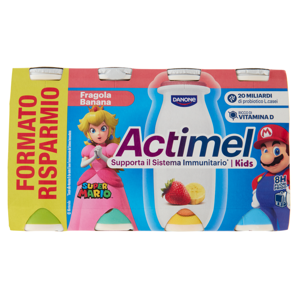 ACTIMEL SuperMario, Yogurt da Bere con Vit B6 e D per il Sistema Immunitario, fragola&banana, 8x100G