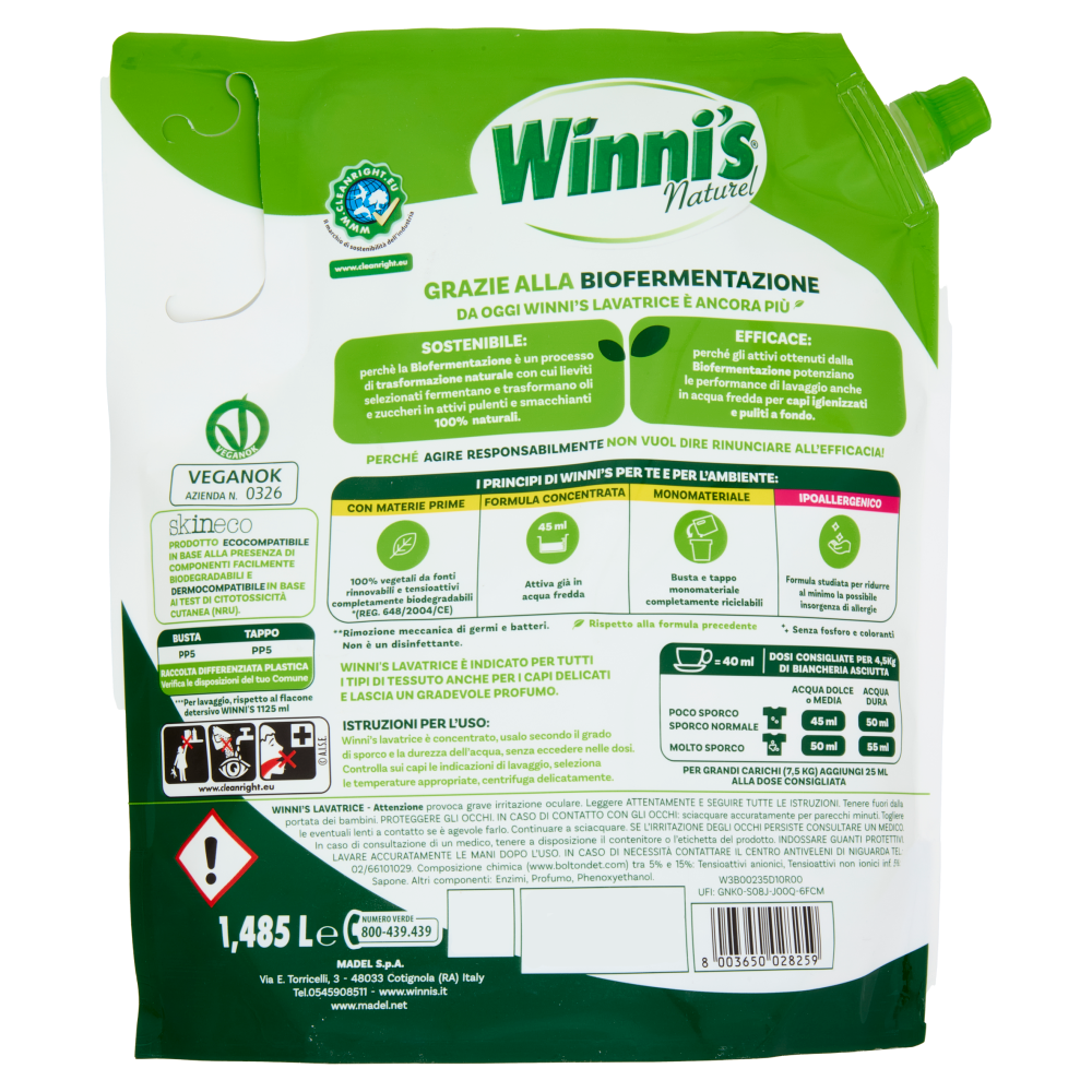 Winni's Naturel Lavatrice Igienizzante Tea Tree Oil e Aloe Vera pouch 33 Lavaggi 1,485 l