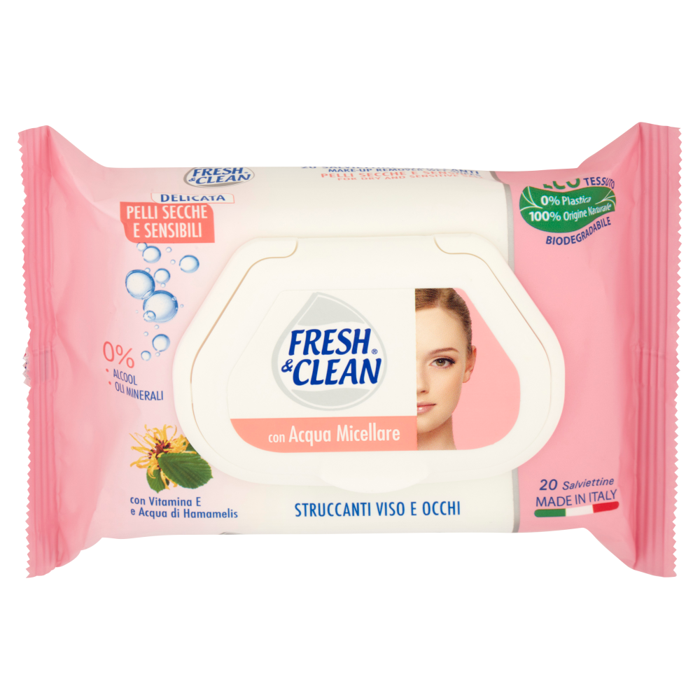 Fresh & Clean con Acqua Micellare Salviettine Struccanti Viso e Occhi Pelli Secche e Sensibili 20 pz