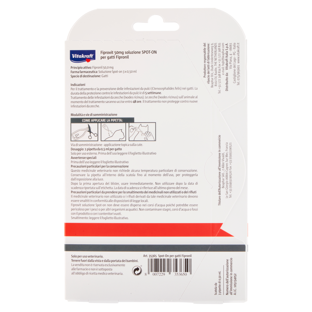 Vitakraft Fiprovit 50mg soluzione Spot-On per gatti Fipronil 3 x 0,50 ml