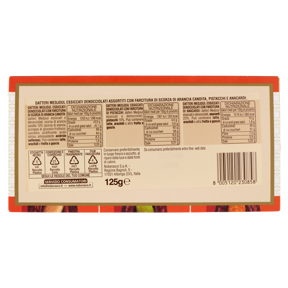 noberasco Datteri Medjoul Farciti con Scorze d'Arancia, Pistacchi, Anacardi  125 g