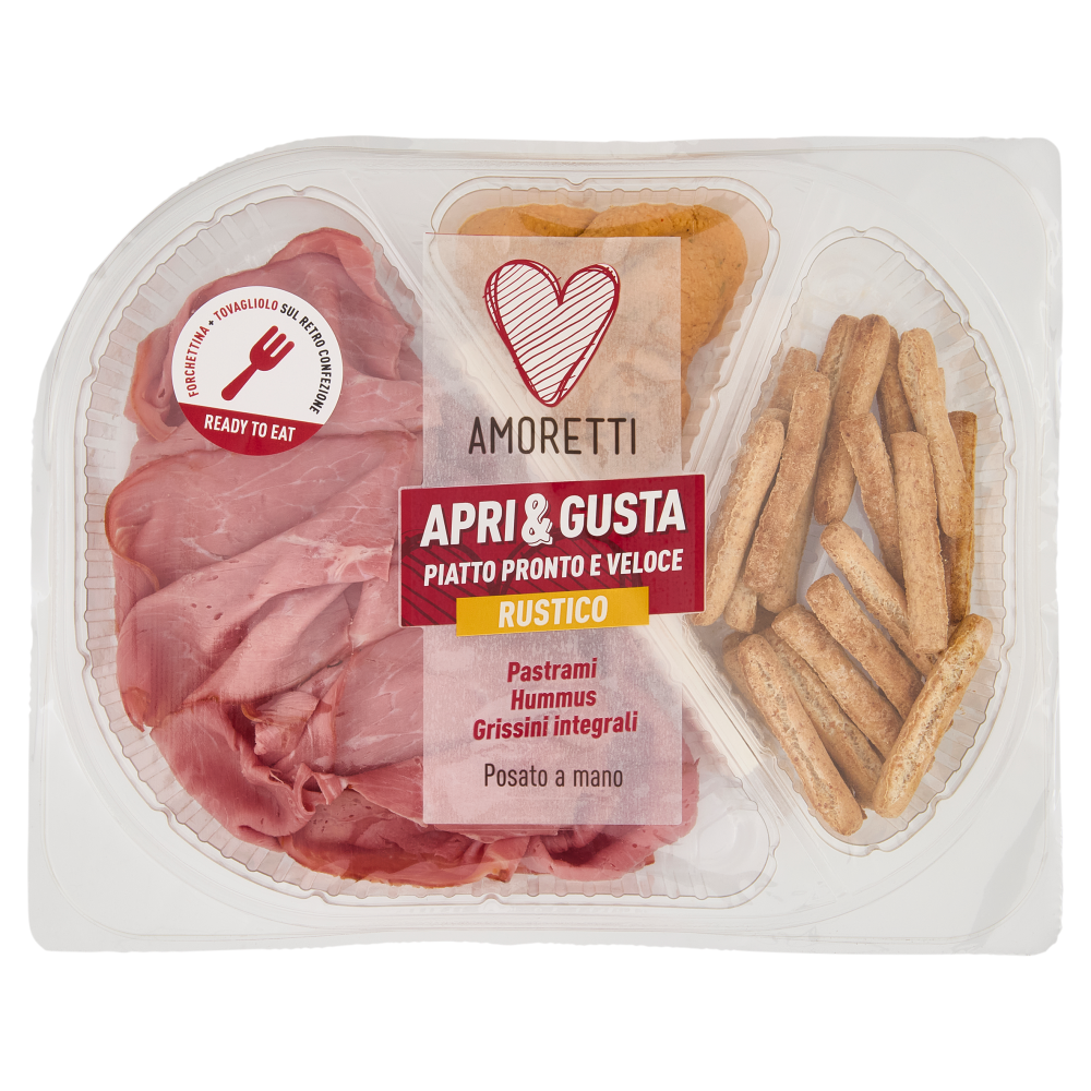 Amoretti Apri & Gusta Rustico Pastrami, Hummus, Grissini integrali 160 g